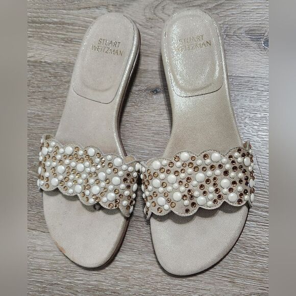 Stuart Weitzman Beige Textured Suede Studded Thong Slides  7.5 - Picture 8 of 8